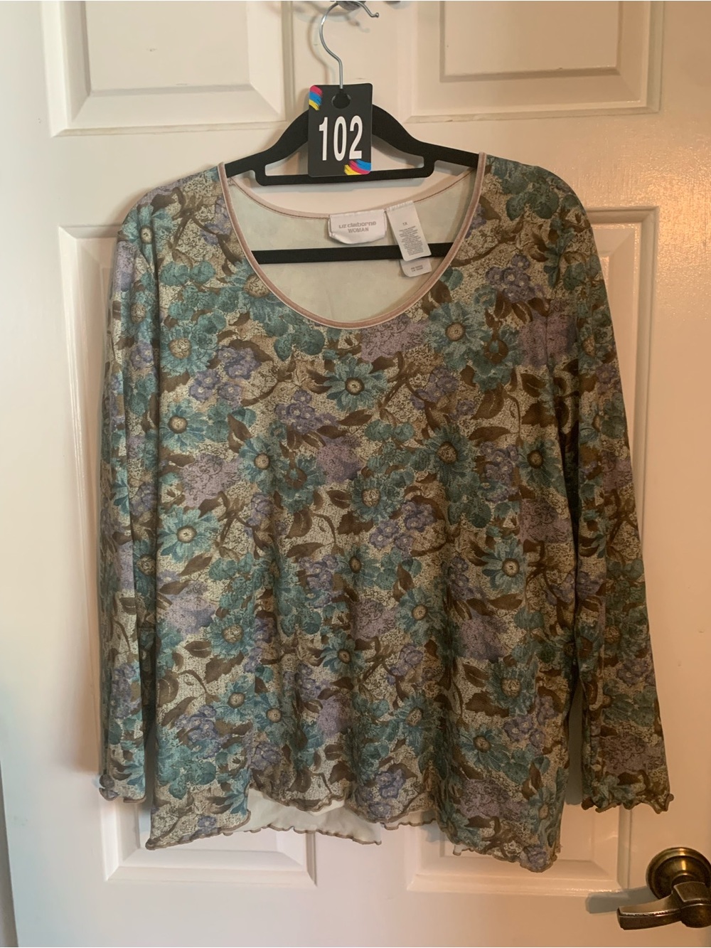 Liz Claiborne Floral Long-Sleeve Scoop Neck Top - Teal, Lavender & Brown